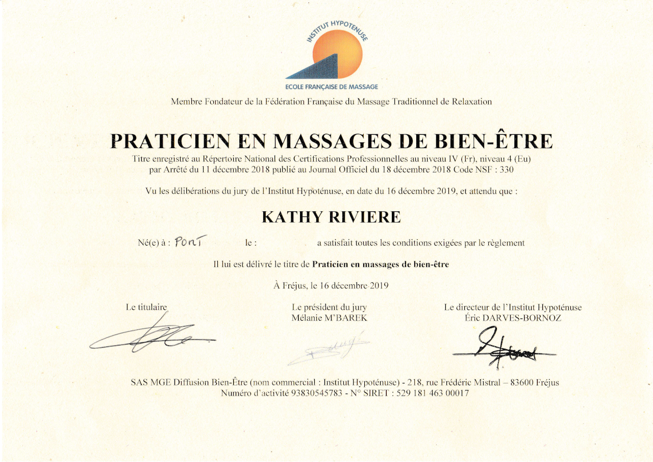 Diplôme de Praticien en Massage Bien être, Institut Hypoténuse, délivré à Kathy Rivière